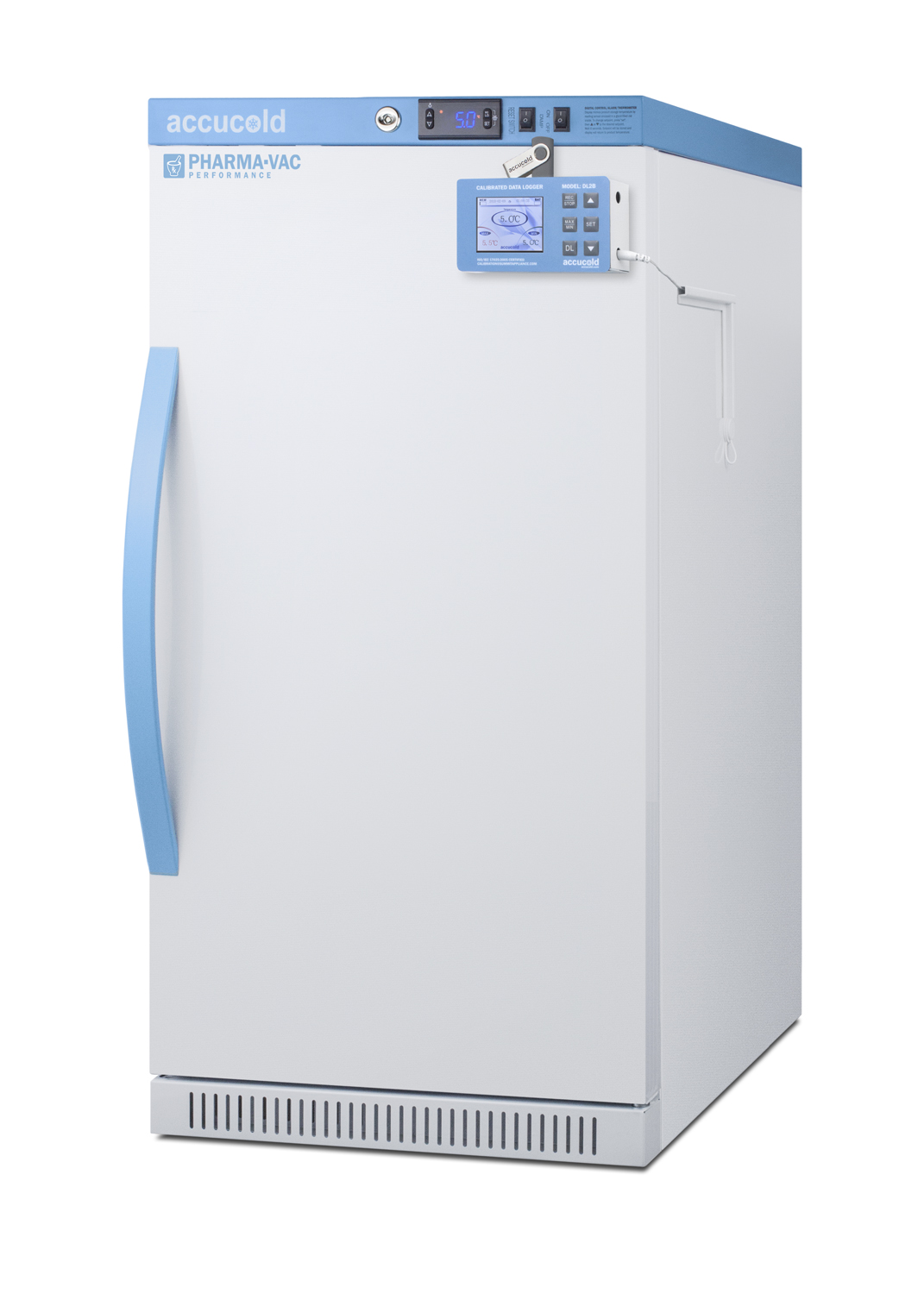 Performance series Pharma-Vac 2.83 cu.ft. ADA height solid door commercial all-refrigerator for the display and refrigeration of vaccines; designed for recessed or freestanding installation, with factory installed data logger